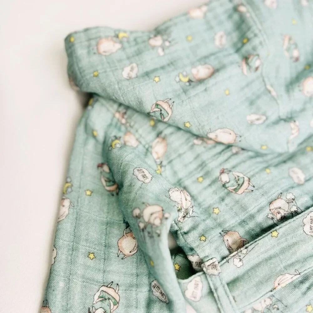 KIDS Organic Muslin Cotton Bathrobe - Reversible Sleepy sheep green